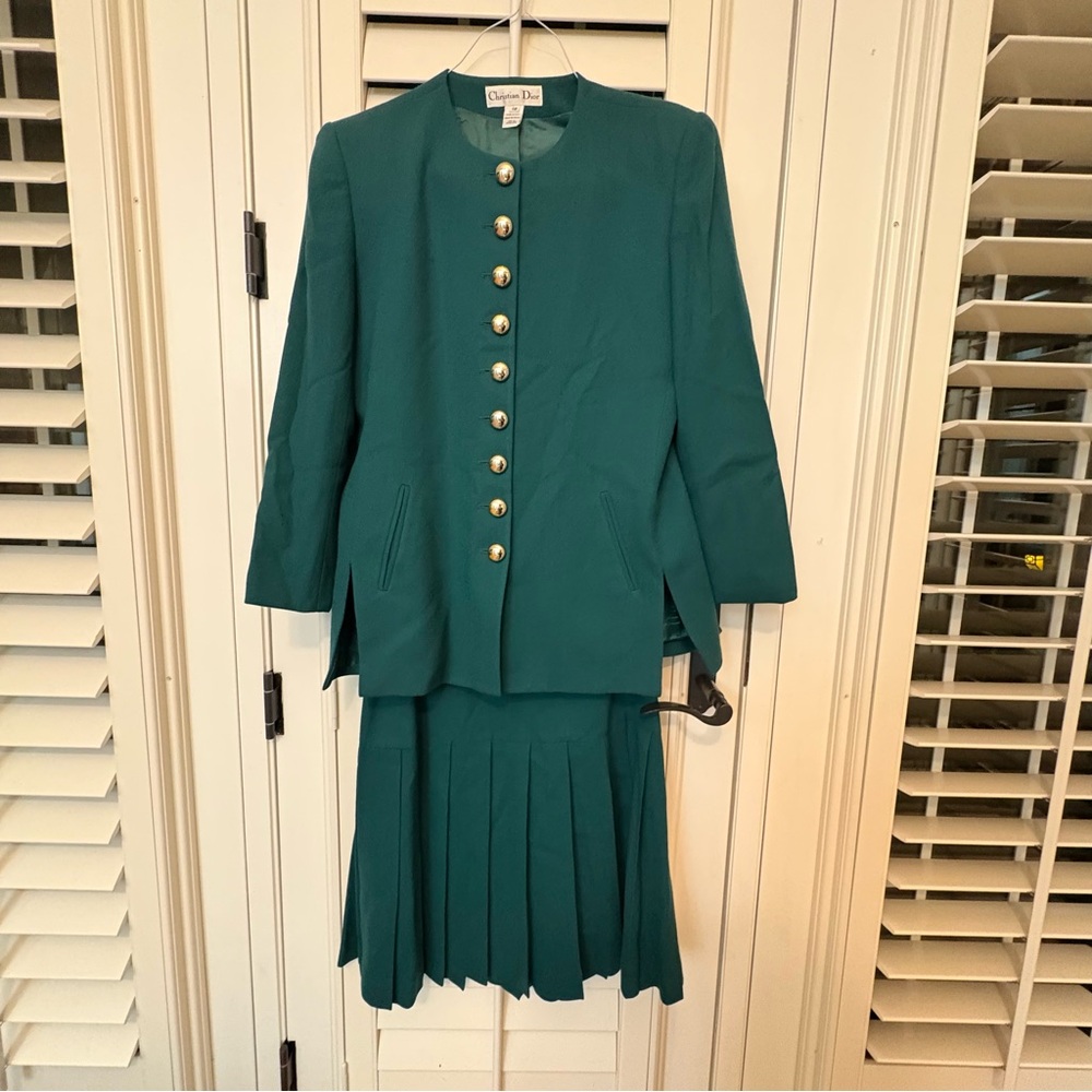 Dior Teal Green Two-Piece Skirt Set with Gold Buttons